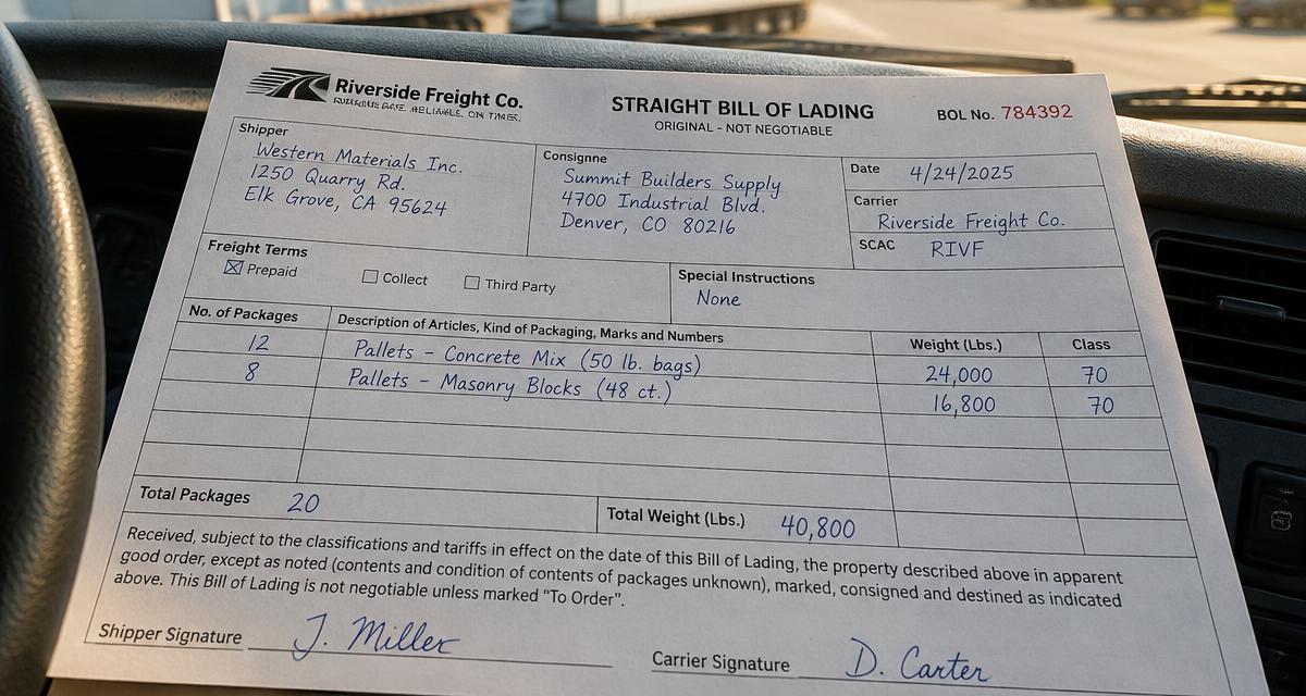 Photo of a completed bill of lading on a truck dashboard
